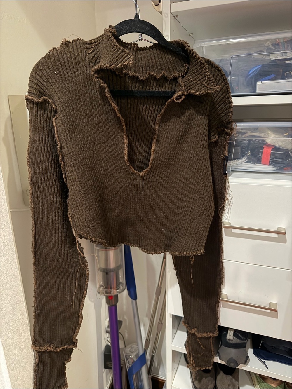 Cropped Brown Rib-Knit Turtleneck Sweater